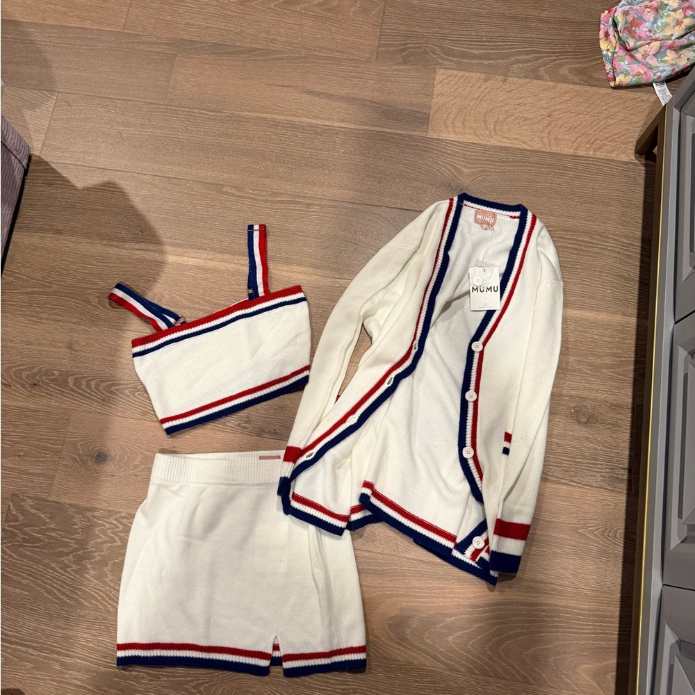 Show Me Your MuMu Cream Knit Set with Red and Blue Accents
